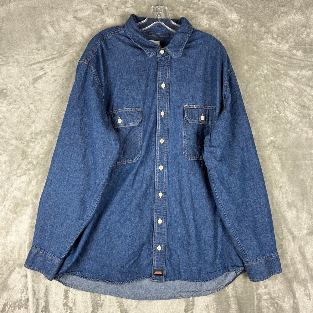 Dickies Mens 2XL Blue Denim Button‎ Down Shirt Long Sleeve Workwear RN20697